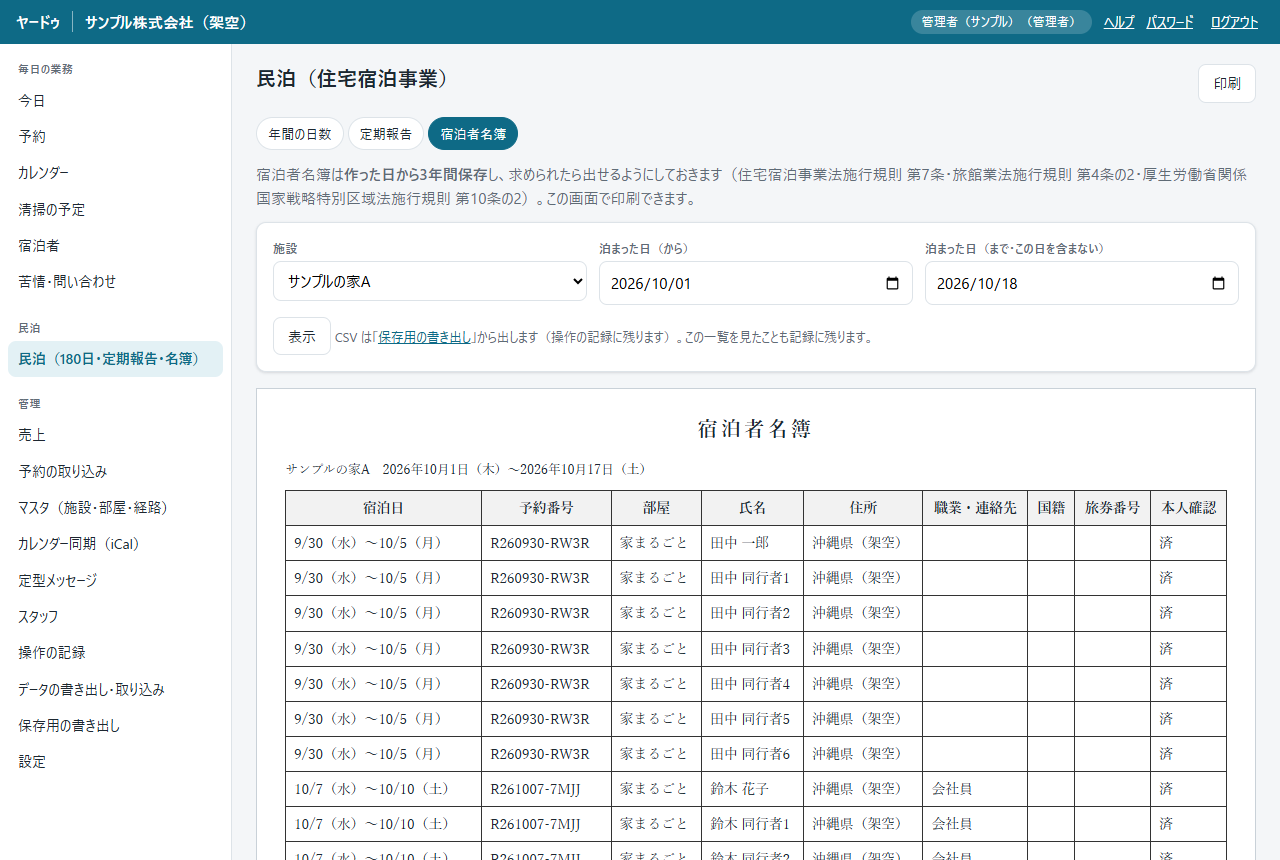 宿泊者名簿の一覧